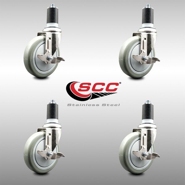 Service Caster 5 Inch 316SS Gray Poly Swivel 1-5/8 Inch Expanding Stem Caster Set Brake SCC SCC-SS316EX20S514-PPUB-TLB-158-4 - main